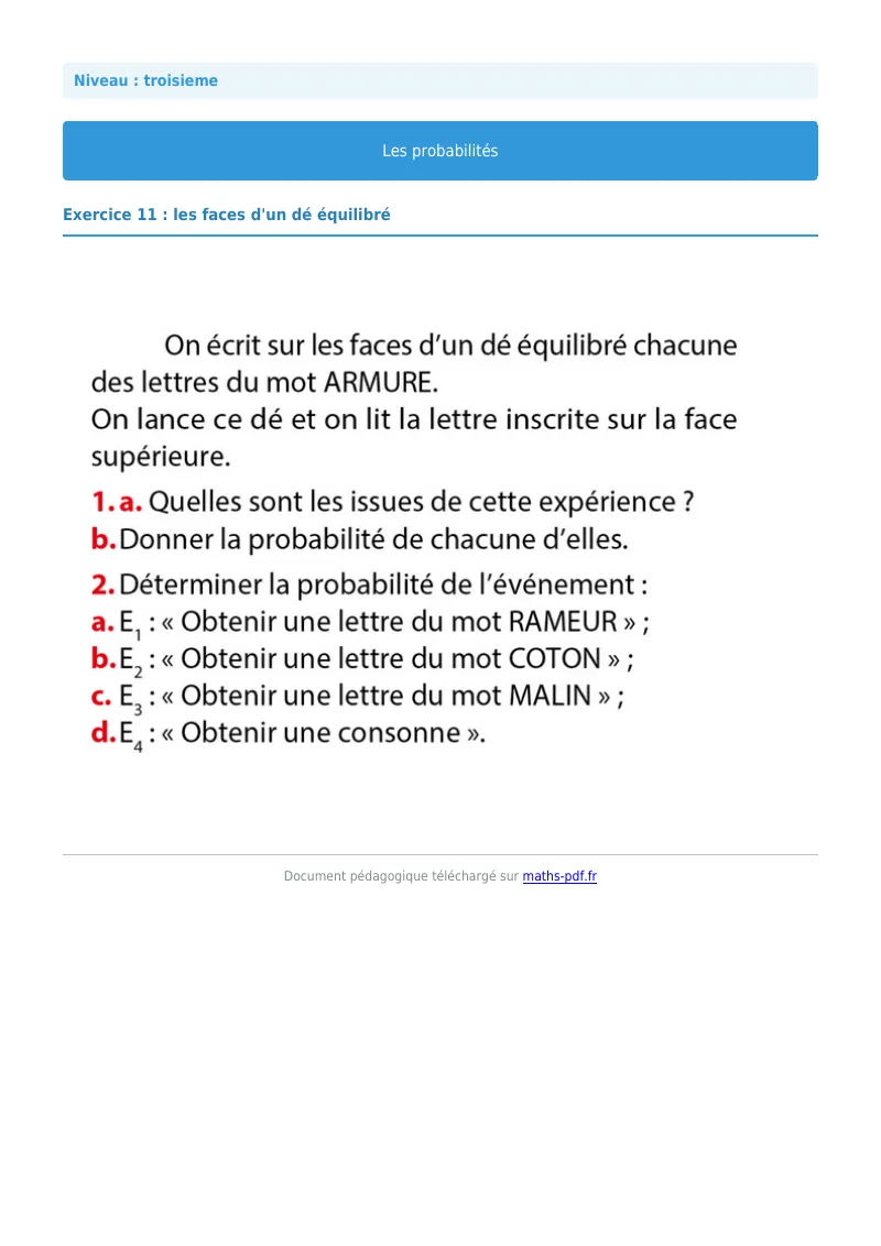 Probabilités : exercice n°13 de maths en 3ème corrigé en PDF