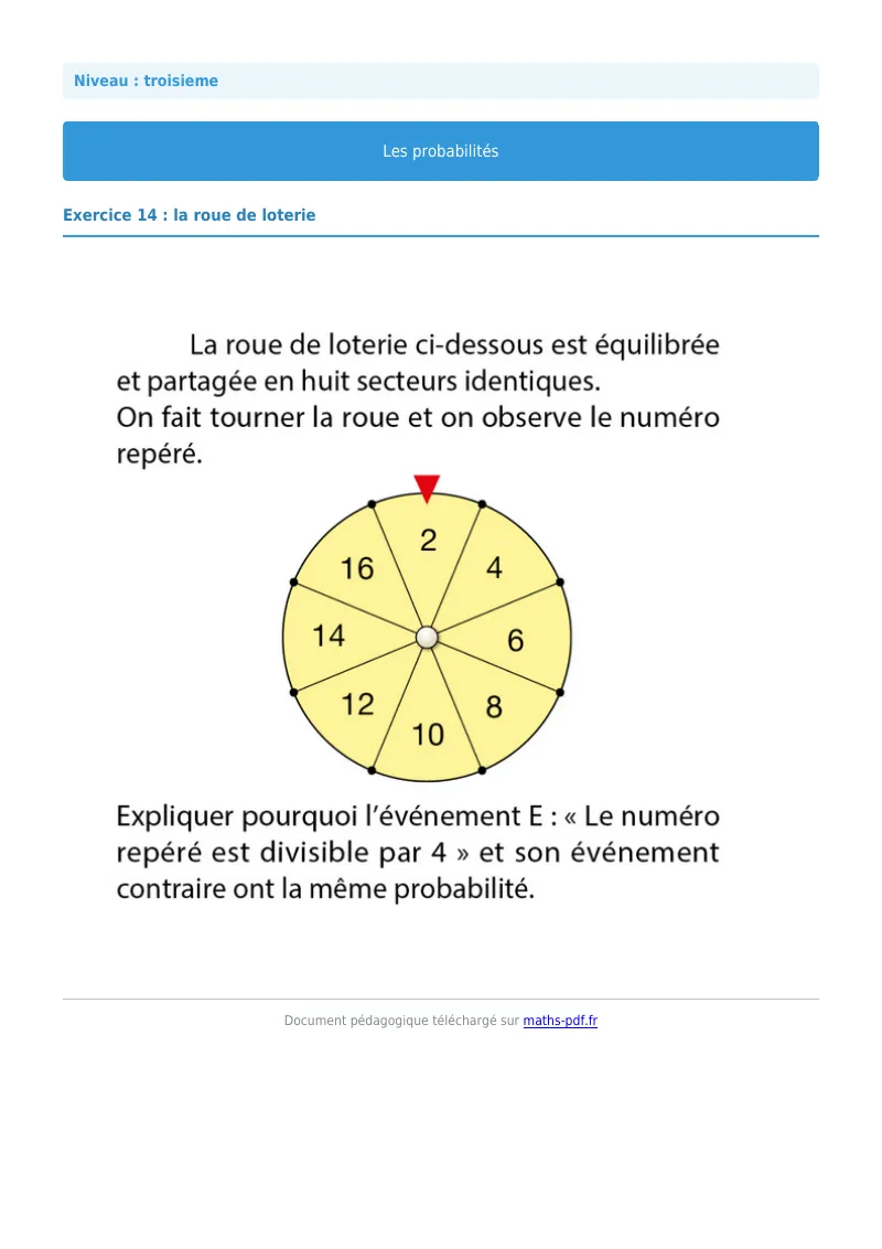 Probabilités : exercice n°14 de maths en 3ème corrigé en PDF