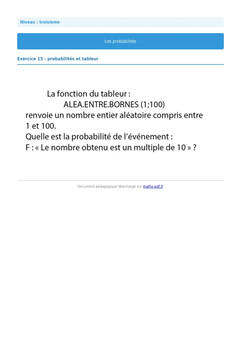 Probabilités : exercice n°15 de maths en 3ème corrigé en PDF