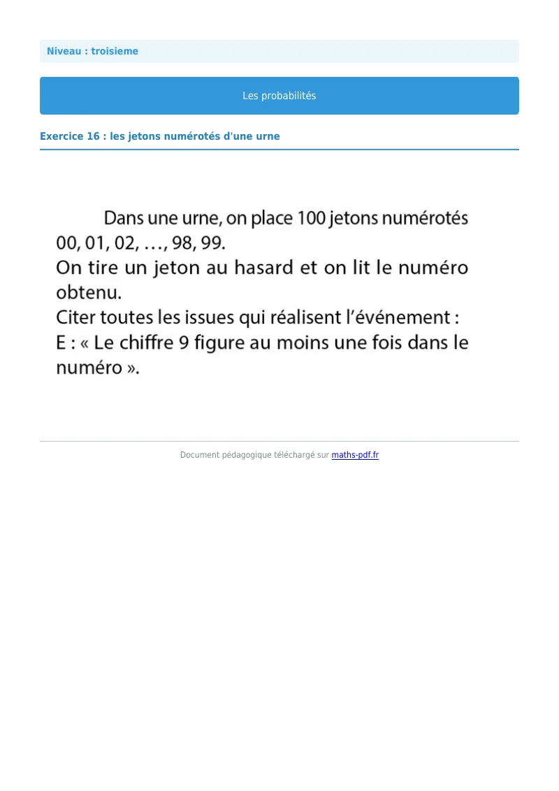 Probabilités : exercice n°16 de maths en 3ème corrigé en PDF