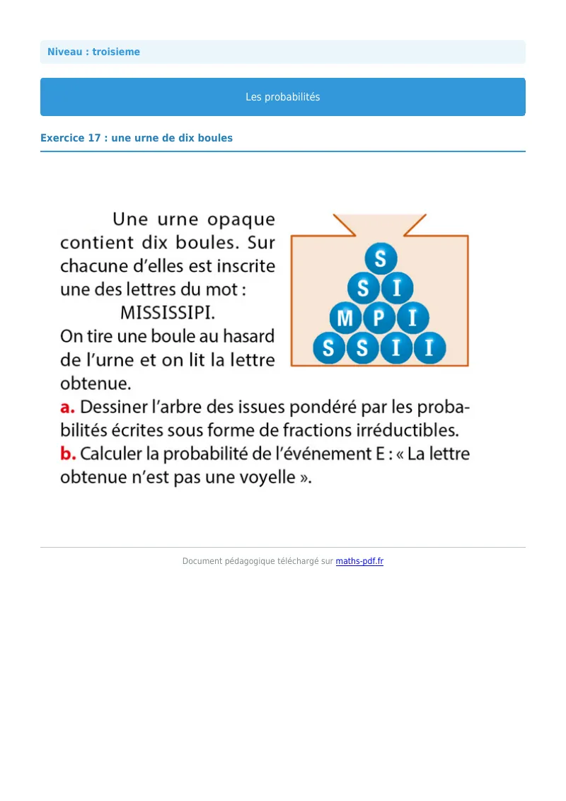 Probabilités : exercice n°17 de maths en 3ème corrigé en PDF