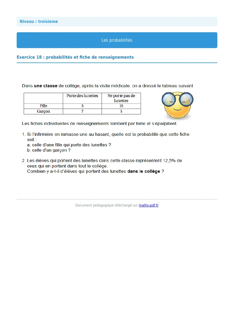 Probabilités : exercice n°18 de maths en 3ème corrigé en PDF