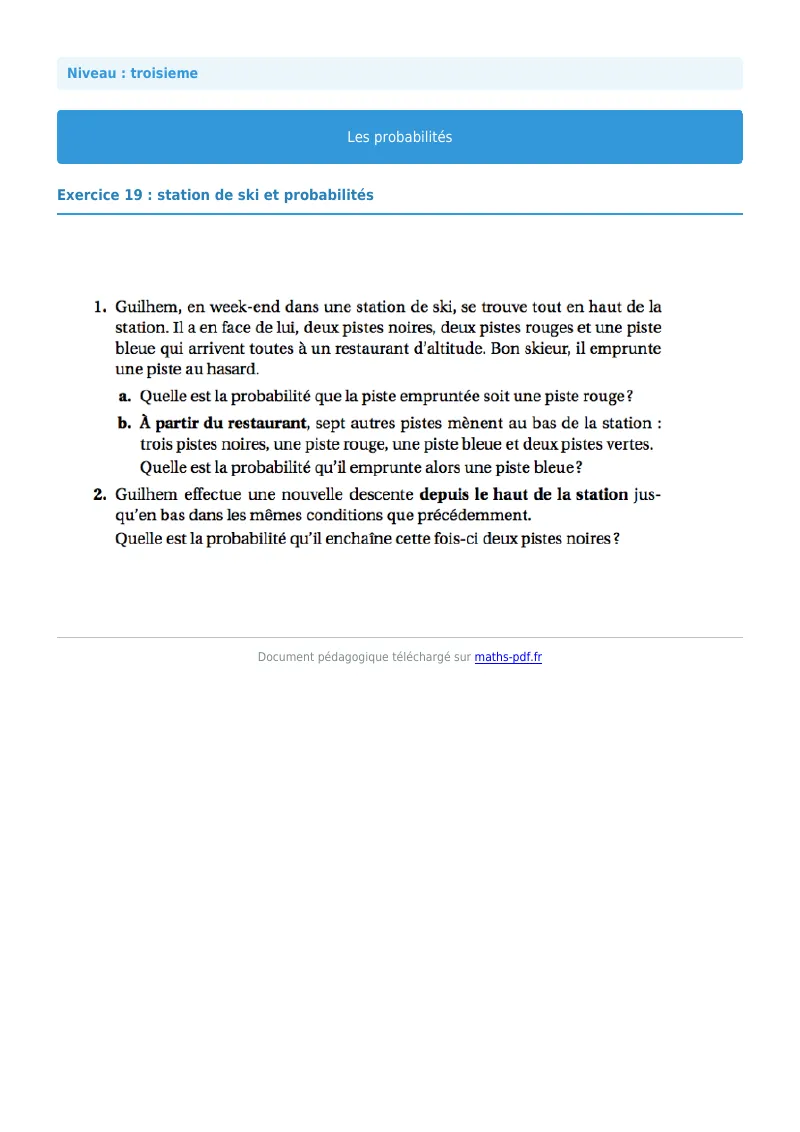 Probabilités : exercice n°19 de maths en 3ème corrigé en PDF