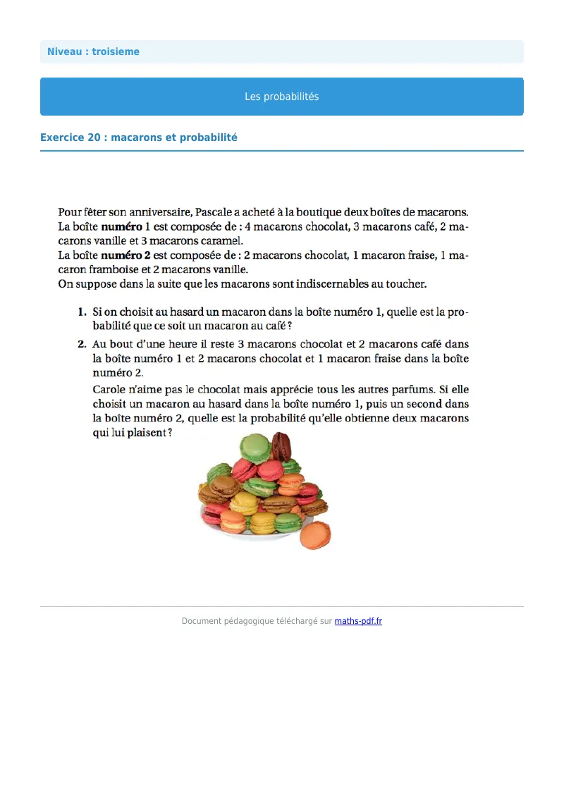 Probabilités : exercice n°20 de maths en 3ème corrigé en PDF