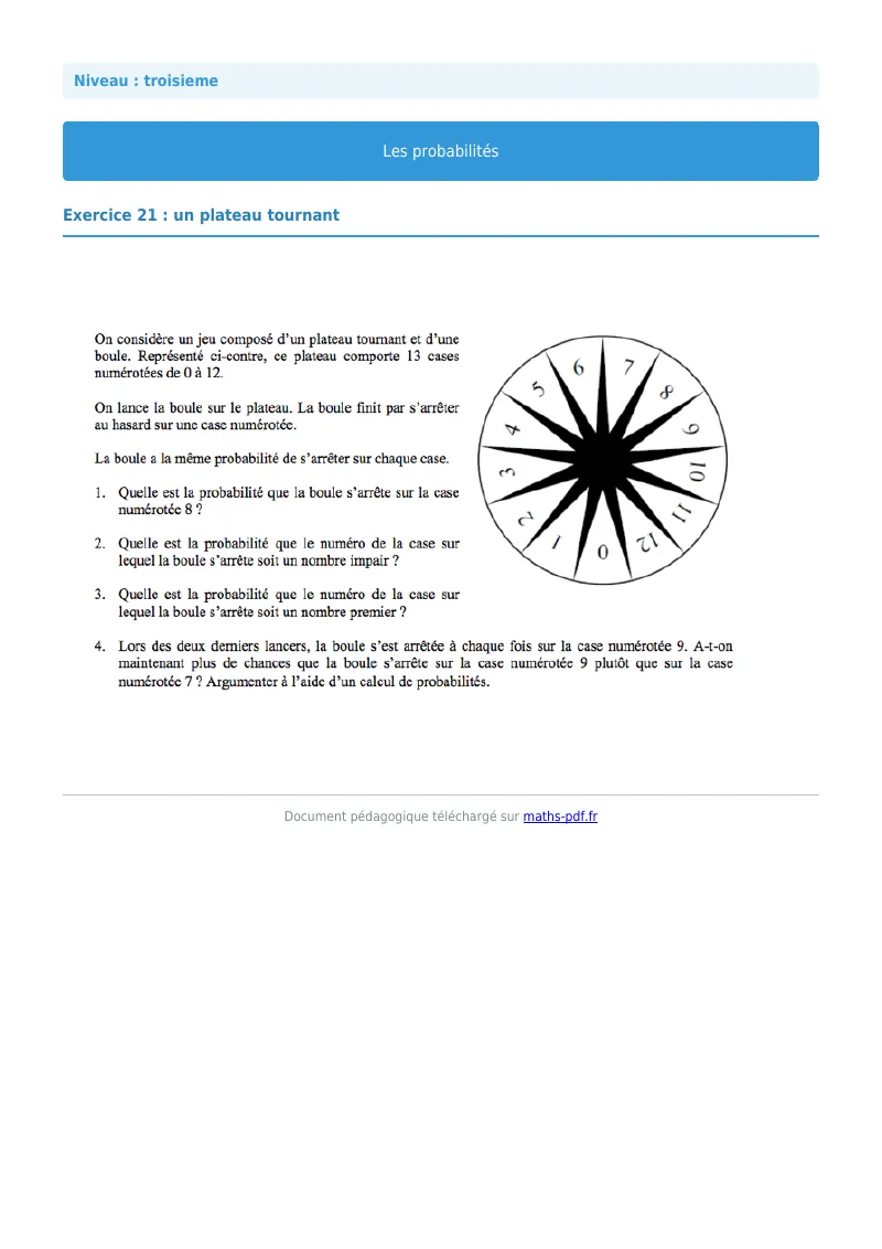 Probabilités : exercice n°21 de maths en 3ème corrigé en PDF