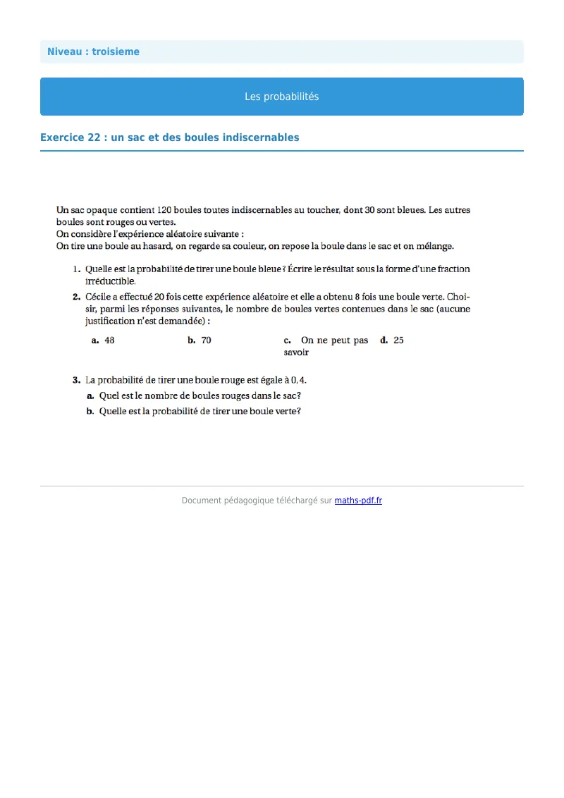 Probabilités : exercice n°22 de maths en 3ème corrigé en PDF