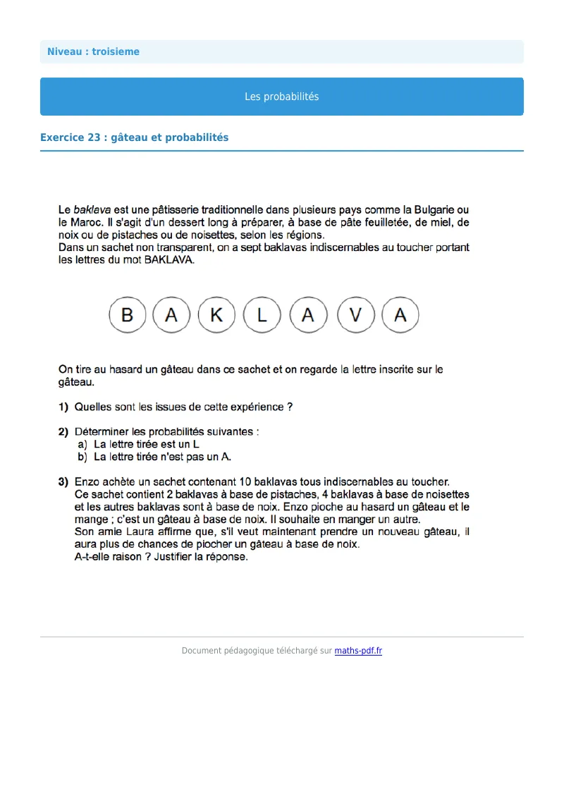 Probabilités : exercice n°23 de maths en 3ème corrigé en PDF