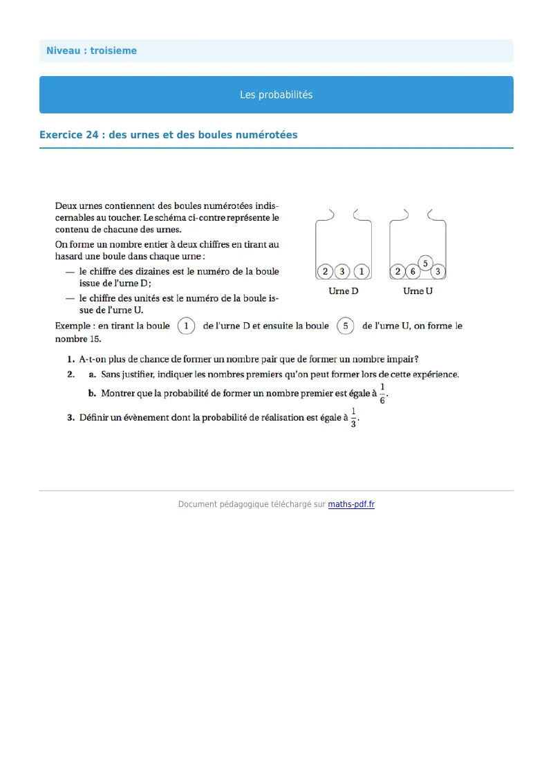 Probabilités : exercice n°24 de maths en 3ème corrigé en PDF