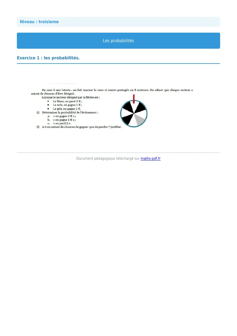 Probabilités : exercice n°1 de maths en 3ème corrigé en PDF
