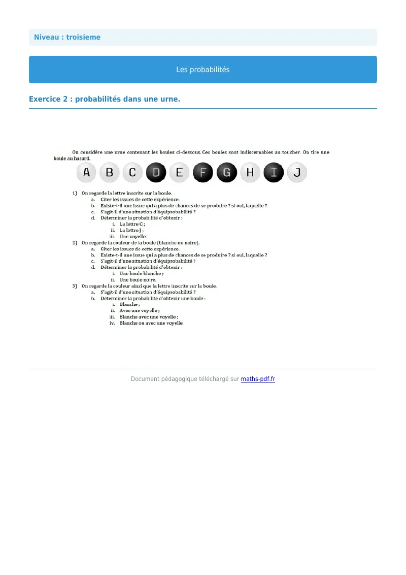 Probabilités : exercice n°2 de maths en 3ème corrigé en PDF