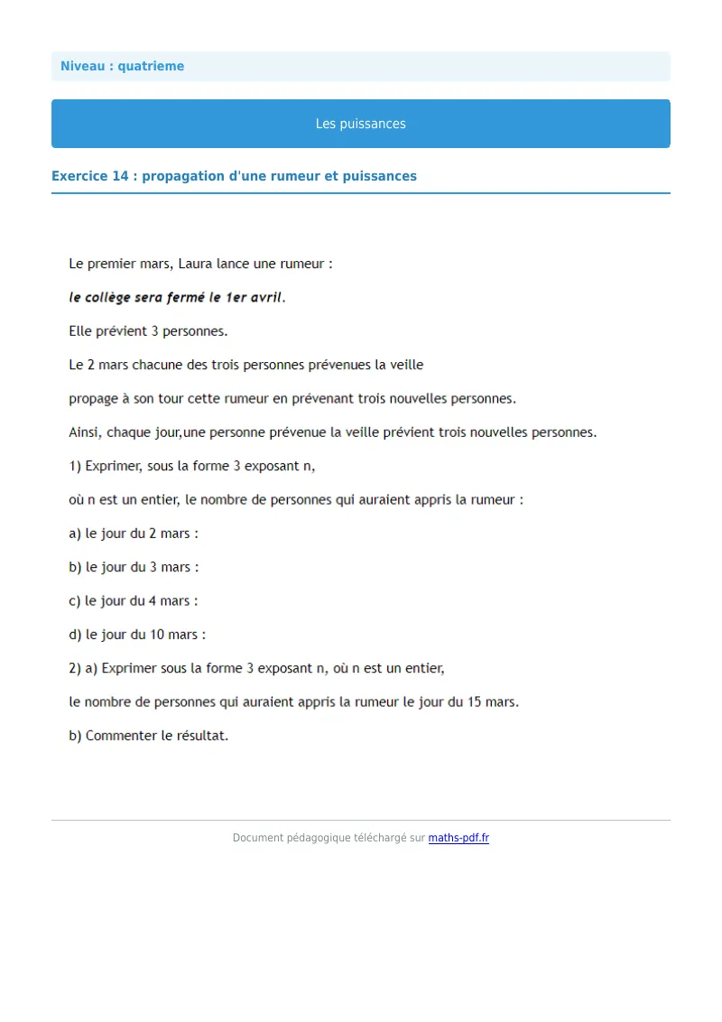 Puissances : exercice n°14 de maths en 4ème corrigé en PDF