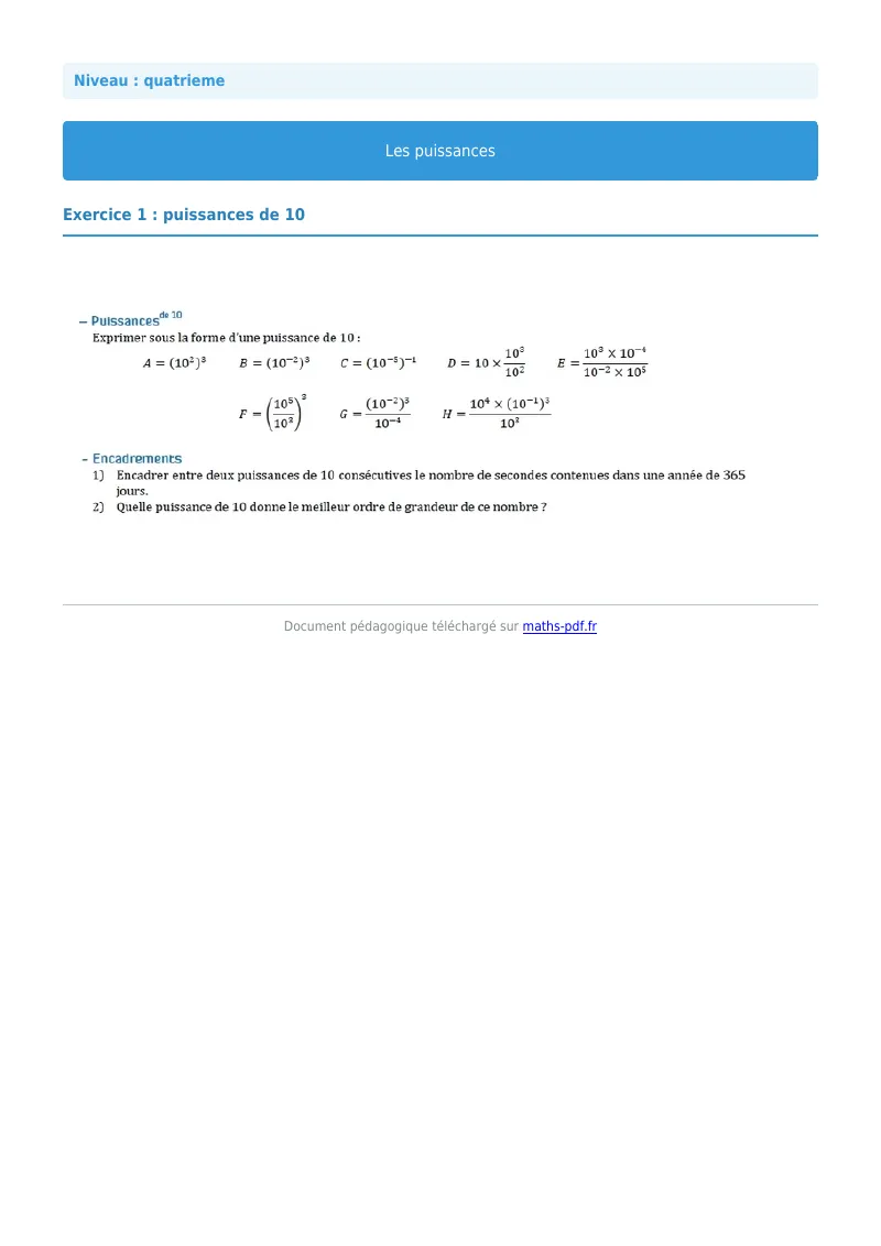 Puissances : exercice n°1 de maths en 4ème corrigé en PDF