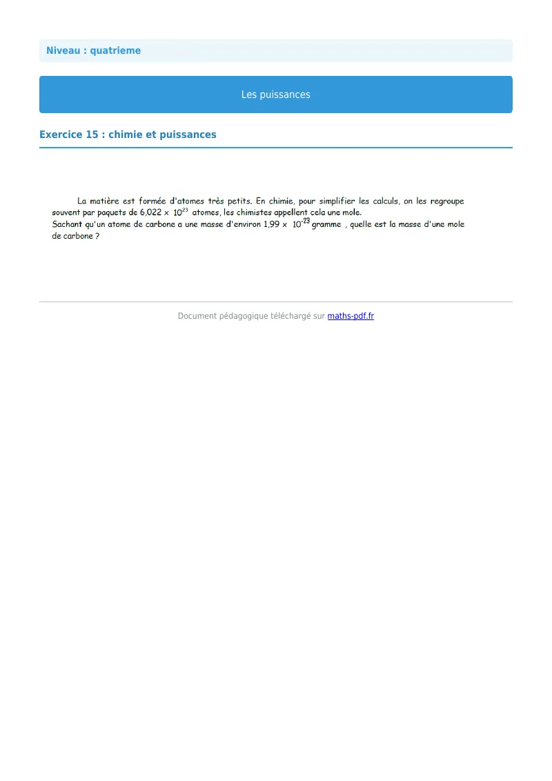 Puissances : exercice n°15 de maths en 4ème corrigé en PDF