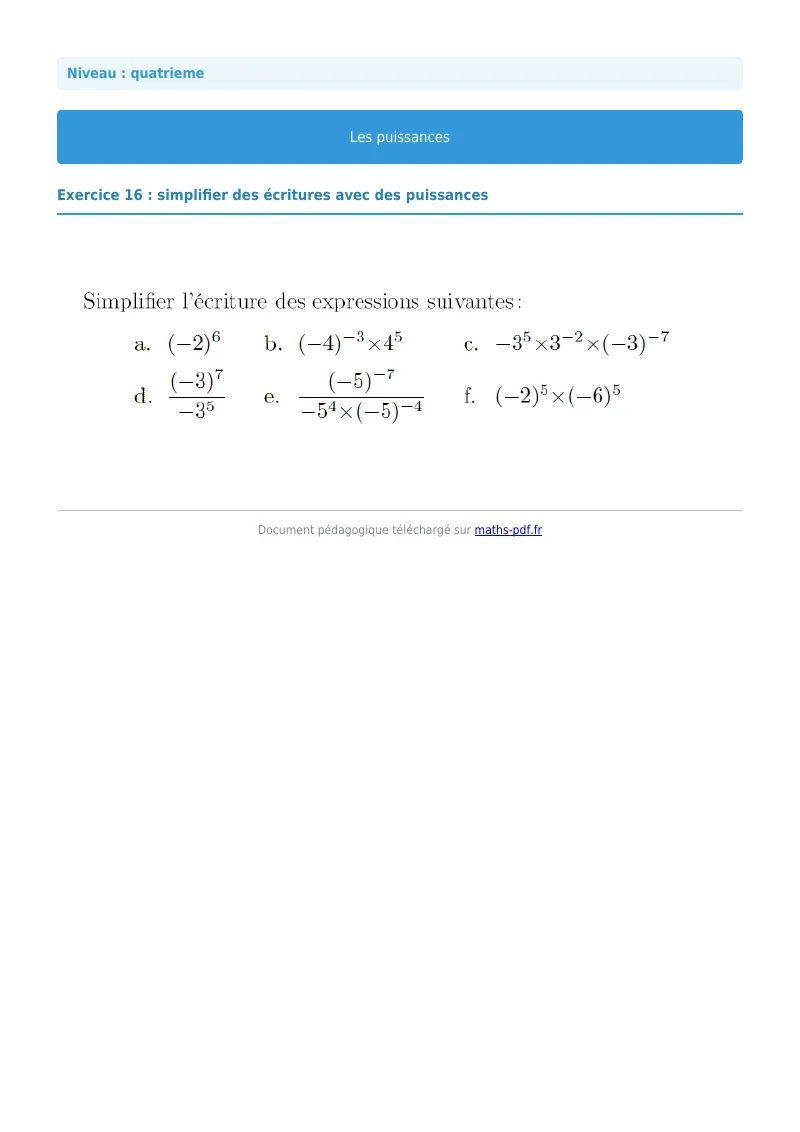 Puissances : exercice n°16 de maths en 4ème corrigé en PDF