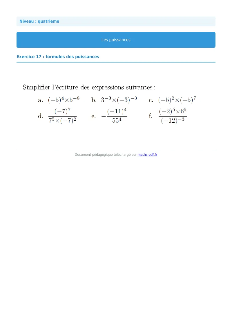 Puissances : exercice n°17 de maths en 4ème corrigé en PDF