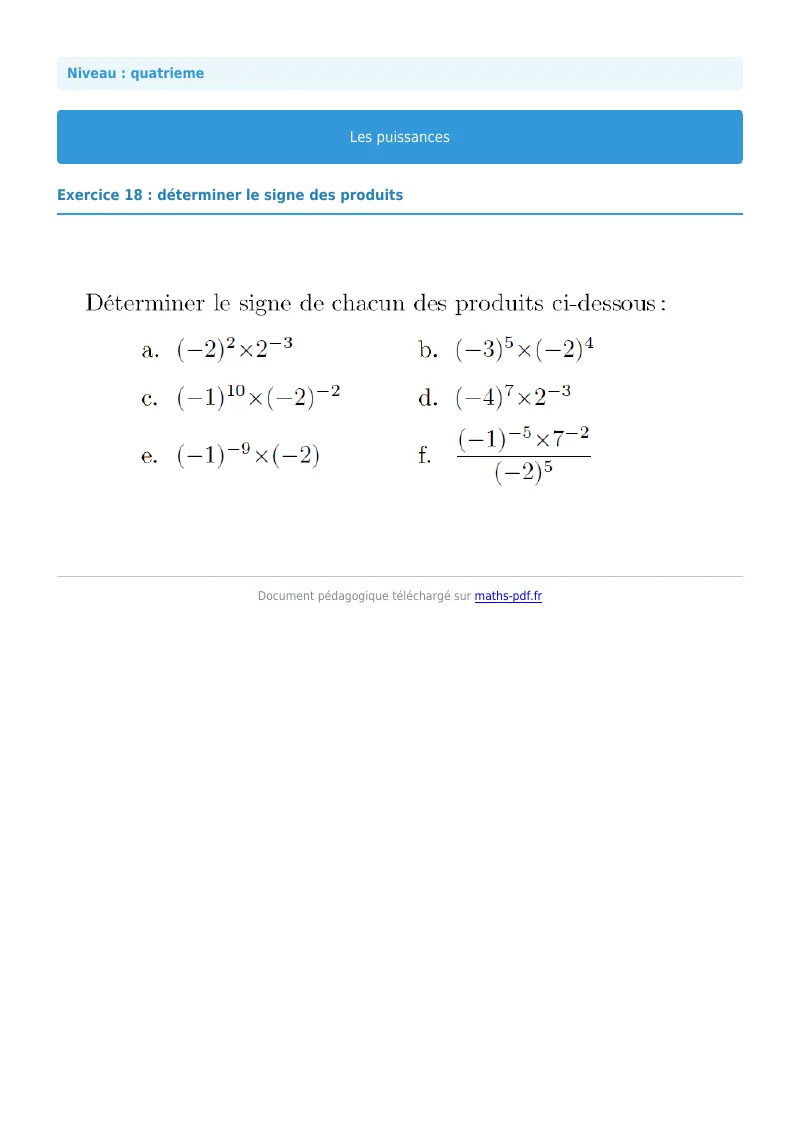 Puissances : exercice n°18 de maths en 4ème corrigé en PDF