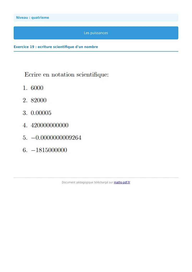 Puissances : exercice n°19 de maths en 4ème corrigé en PDF