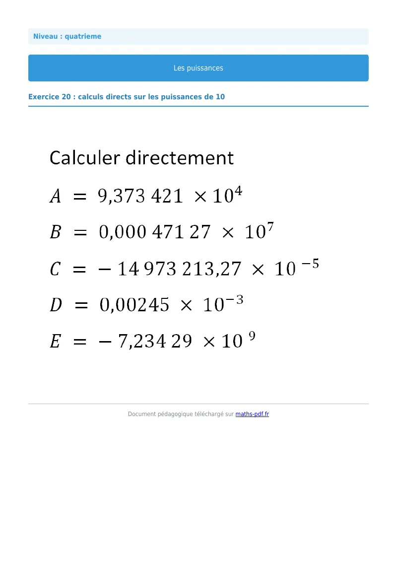 Puissances : exercice n°20 de maths en 4ème corrigé en PDF