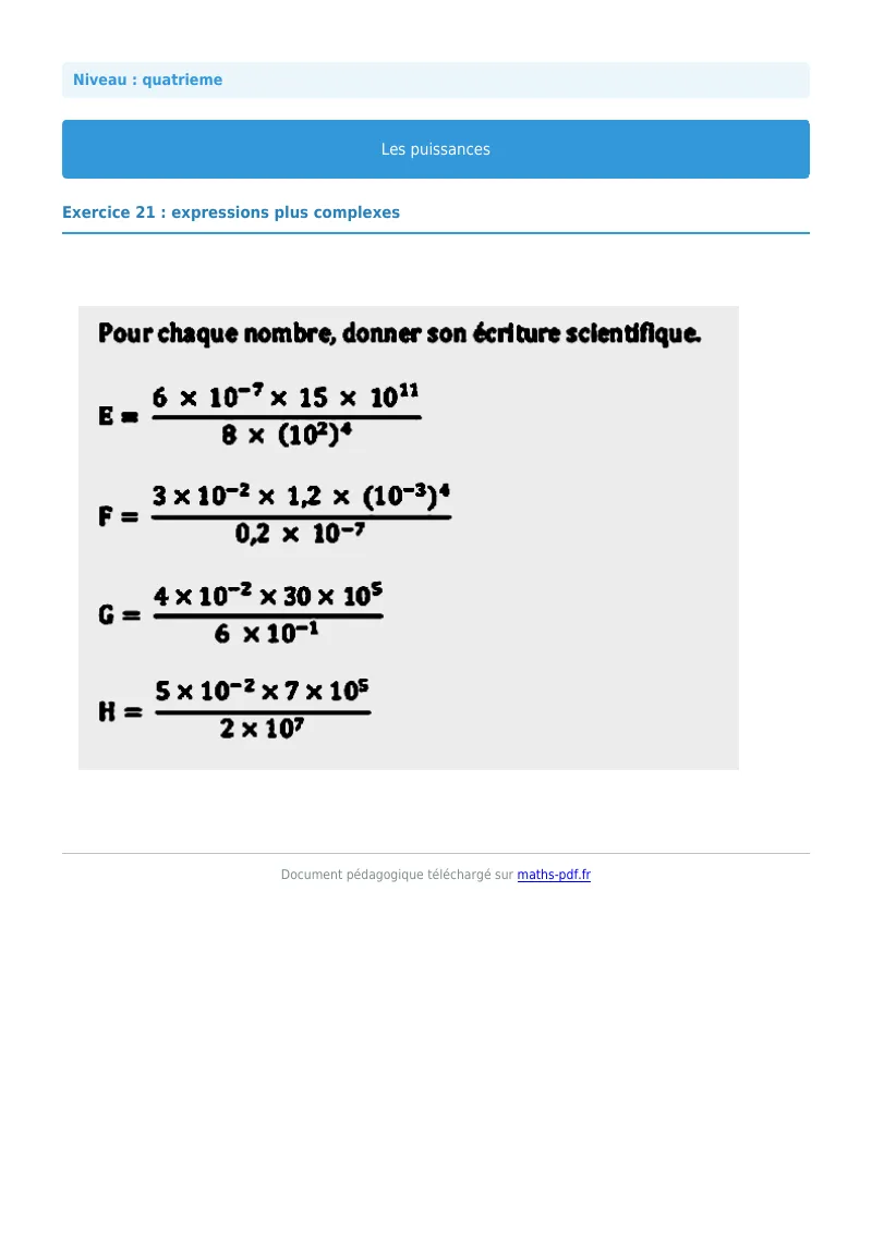 Puissances : exercice n°21 de maths en 4ème corrigé en PDF