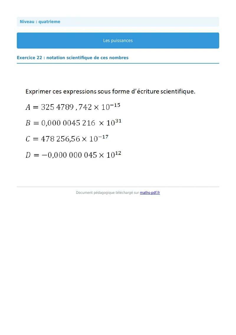 Puissances : exercice n°22 de maths en 4ème corrigé en PDF