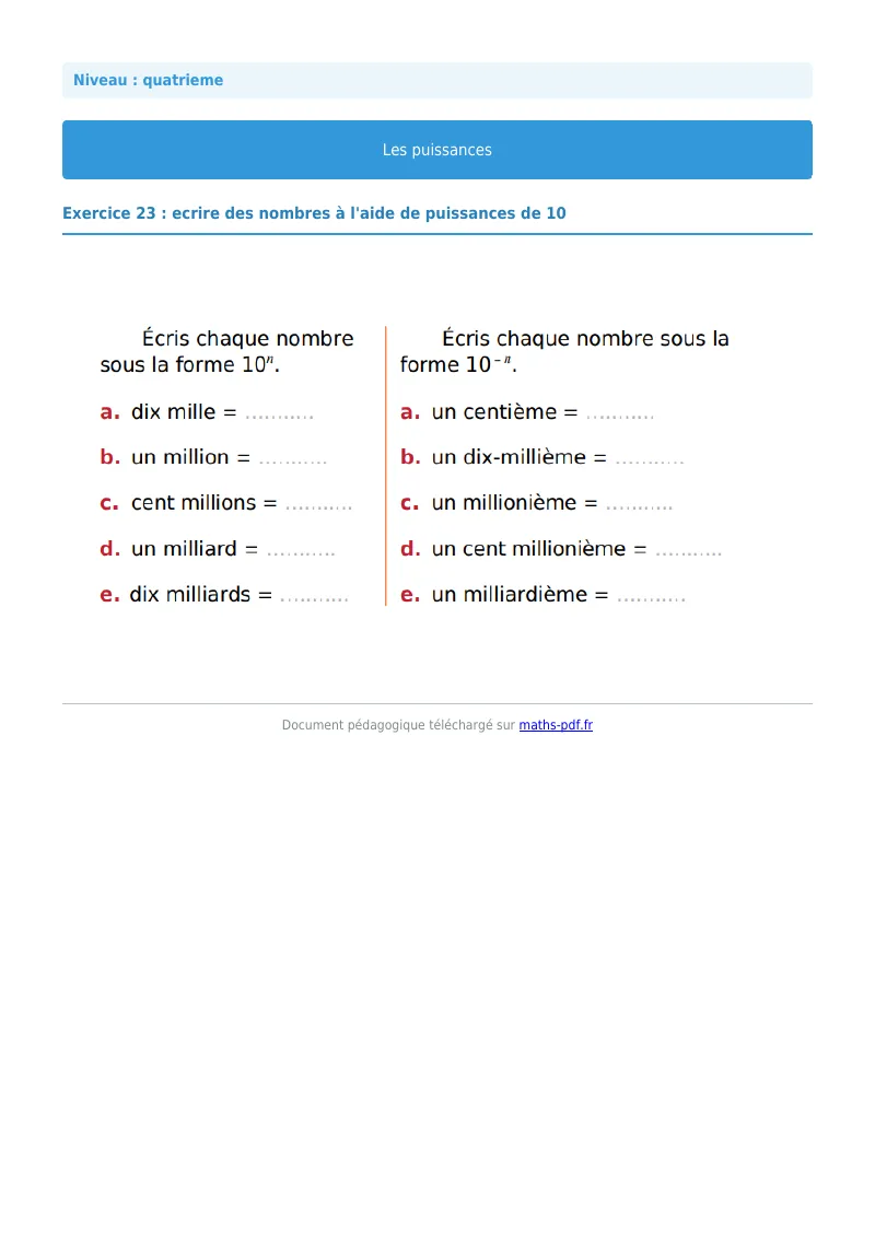 Puissances : exercice n°23 de maths en 4ème corrigé en PDF
