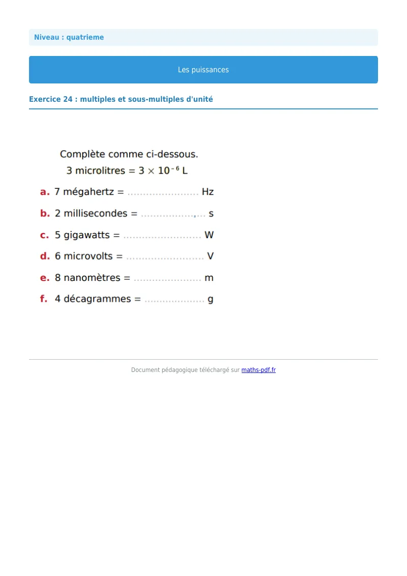 Puissances : exercice n°24 de maths en 4ème corrigé en PDF