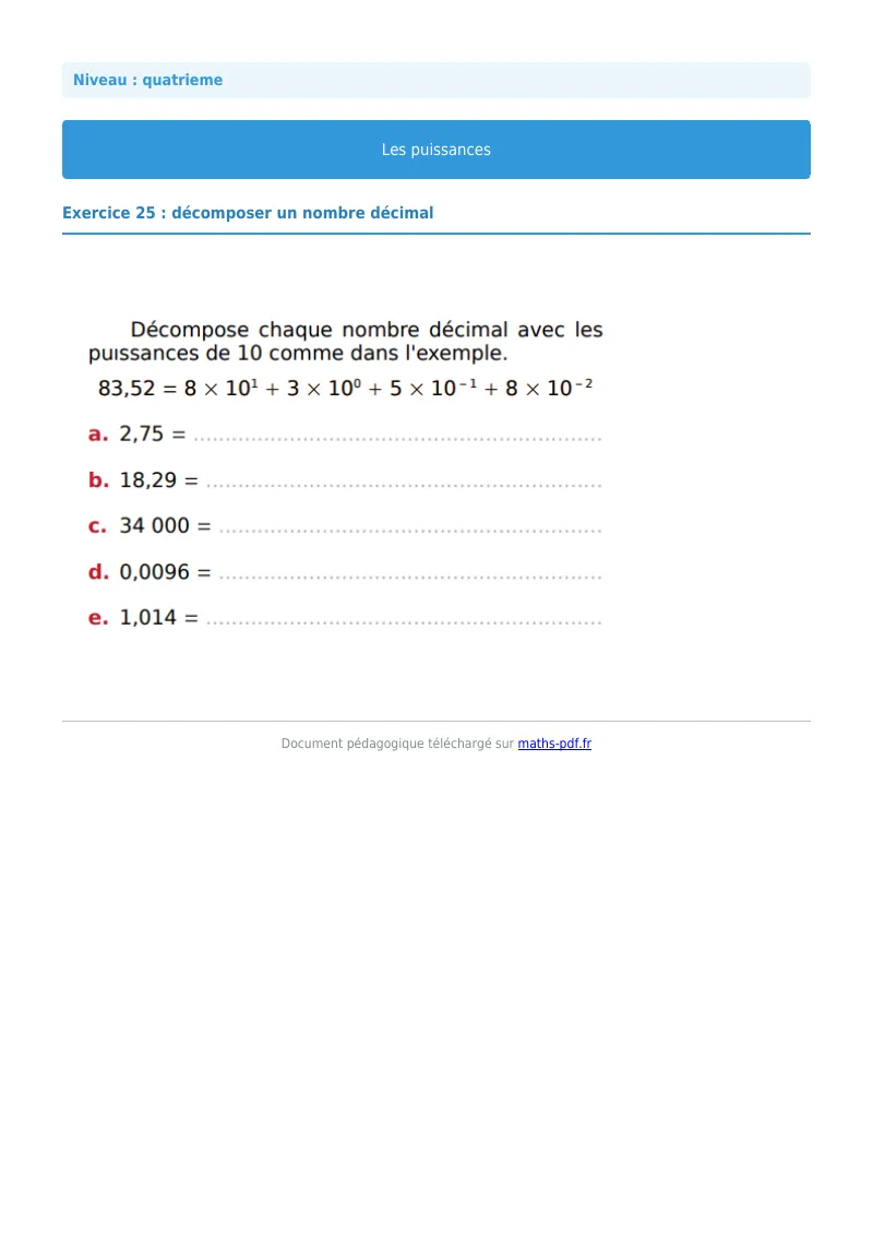 Puissances : exercice n°25 de maths en 4ème corrigé en PDF