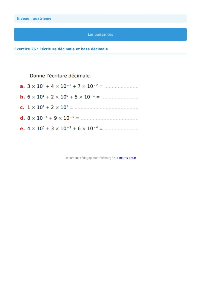 Puissances : exercice n°26 de maths en 4ème corrigé en PDF
