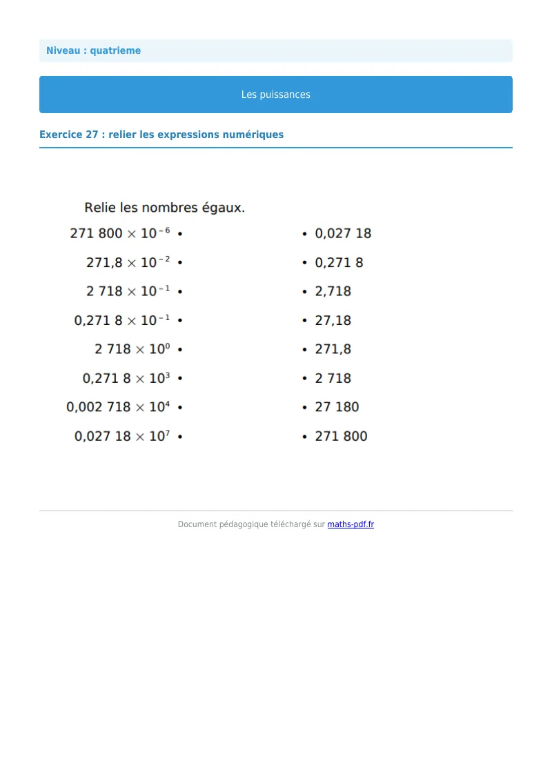 Puissances : exercice n°27 de maths en 4ème corrigé en PDF