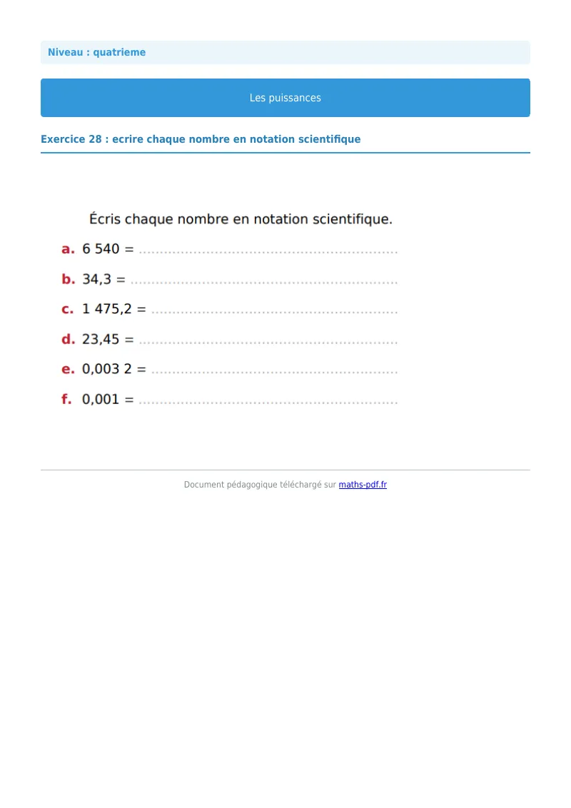 Puissances : exercice n°28 de maths en 4ème corrigé en PDF