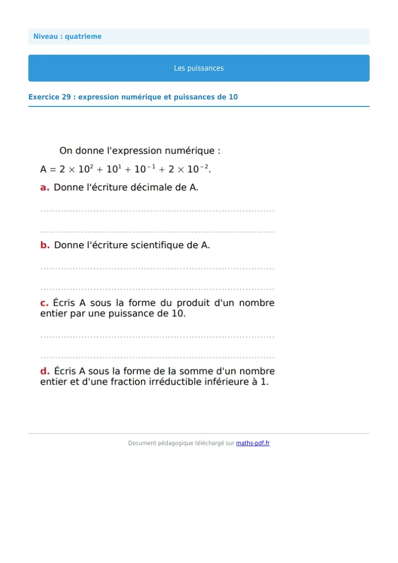 Puissances : exercice n°29 de maths en 4ème corrigé en PDF
