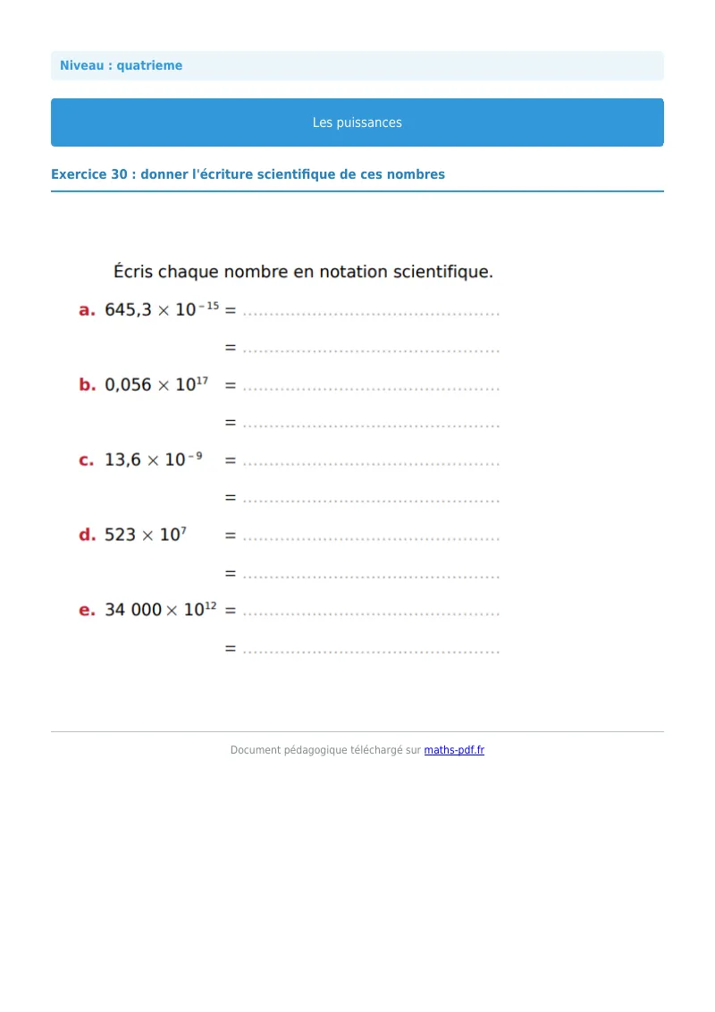 Puissances : exercice n°30 de maths en 4ème corrigé en PDF