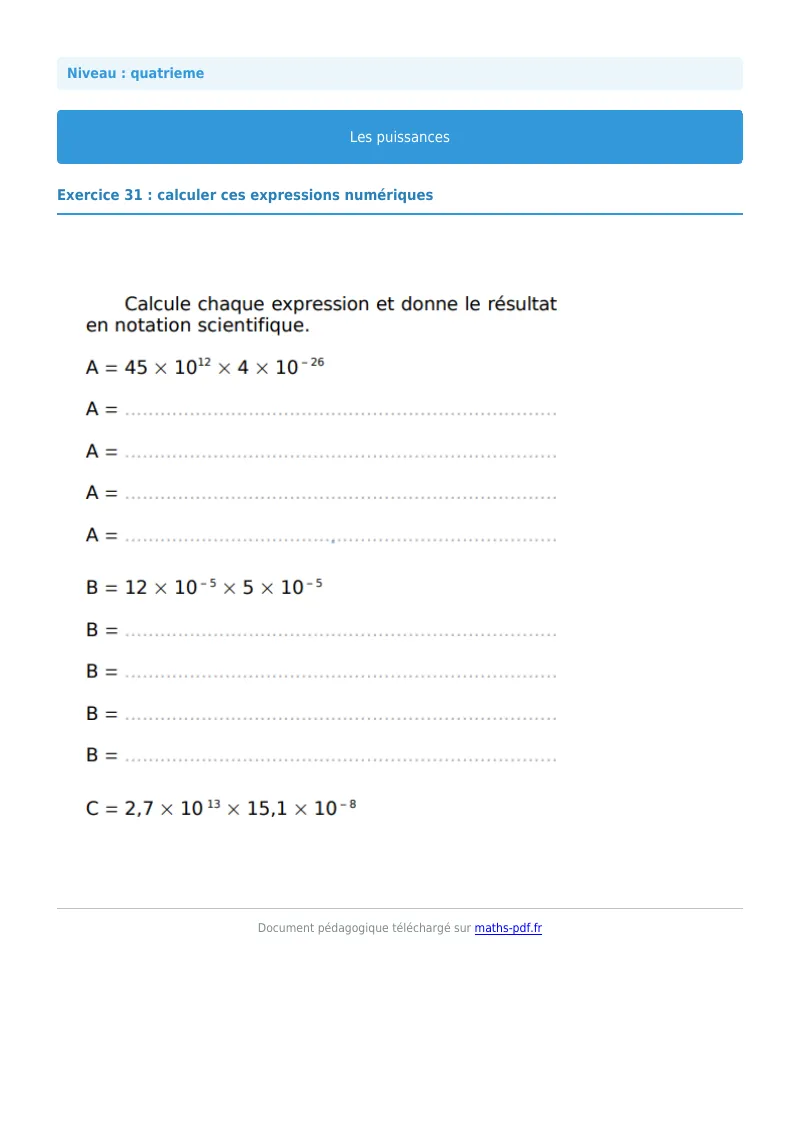 Puissances : exercice n°31 de maths en 4ème corrigé en PDF