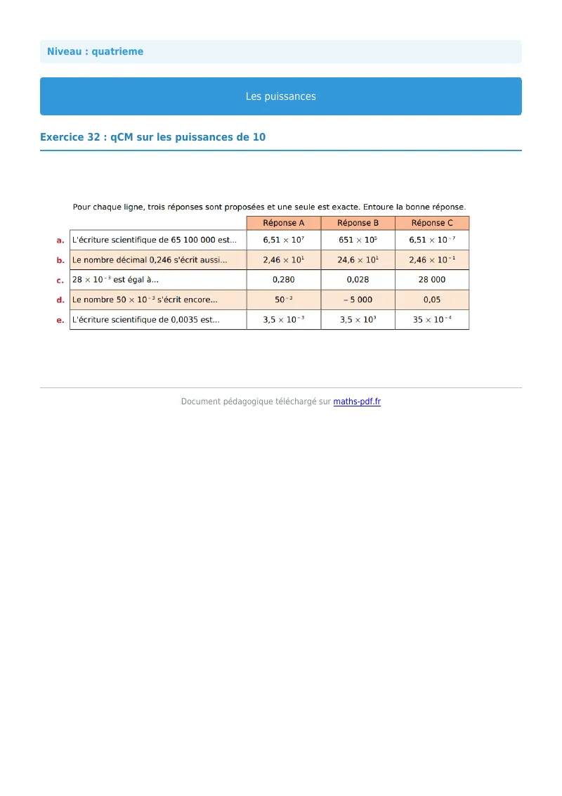 Puissances : exercice n°32 de maths en 4ème corrigé en PDF