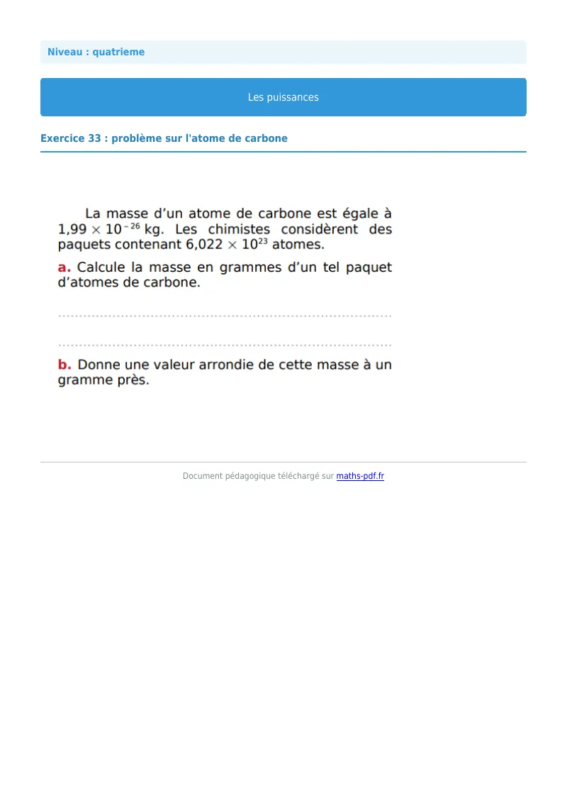 Puissances : exercice n°33 de maths en 4ème corrigé en PDF