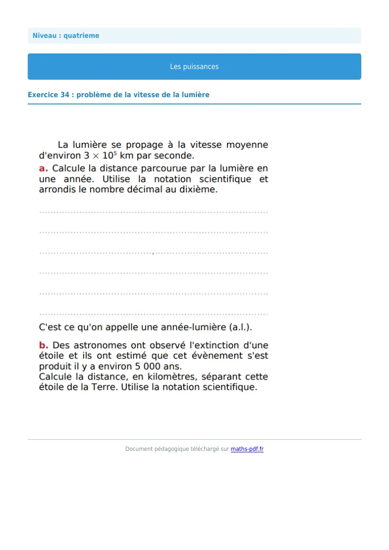 Puissances : exercice n°34 de maths en 4ème corrigé en PDF