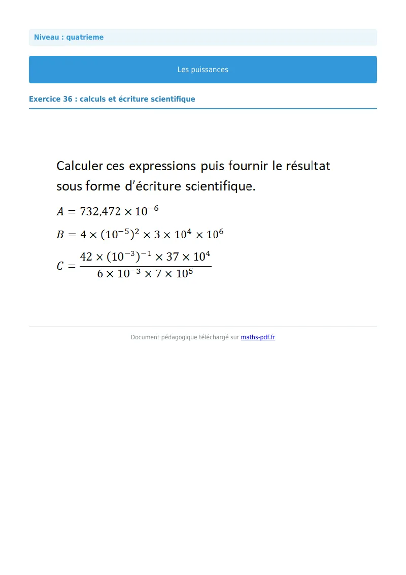 Puissances : exercice n°36 de maths en 4ème corrigé en PDF