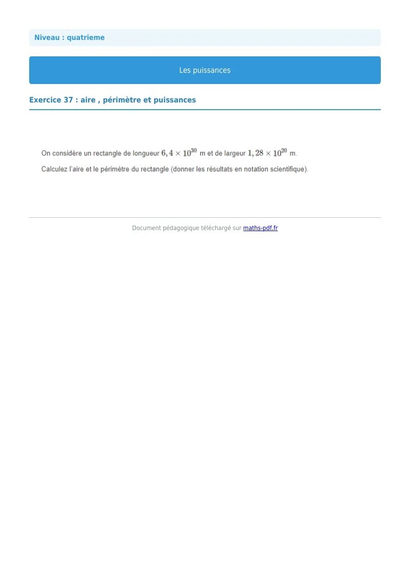 Puissances : exercice n°37 de maths en 4ème corrigé en PDF