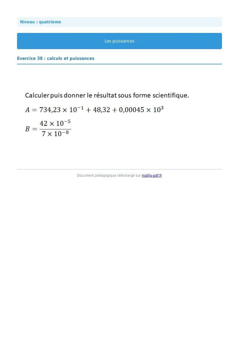 Puissances : exercice n°38 de maths en 4ème corrigé en PDF