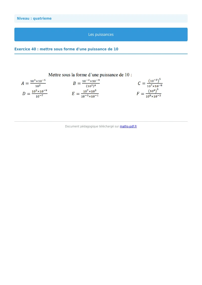 Puissances : exercice n°40 de maths en 4ème corrigé en PDF