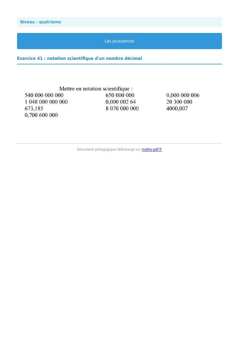 Puissances : exercice n°41 de maths en 4ème corrigé en PDF