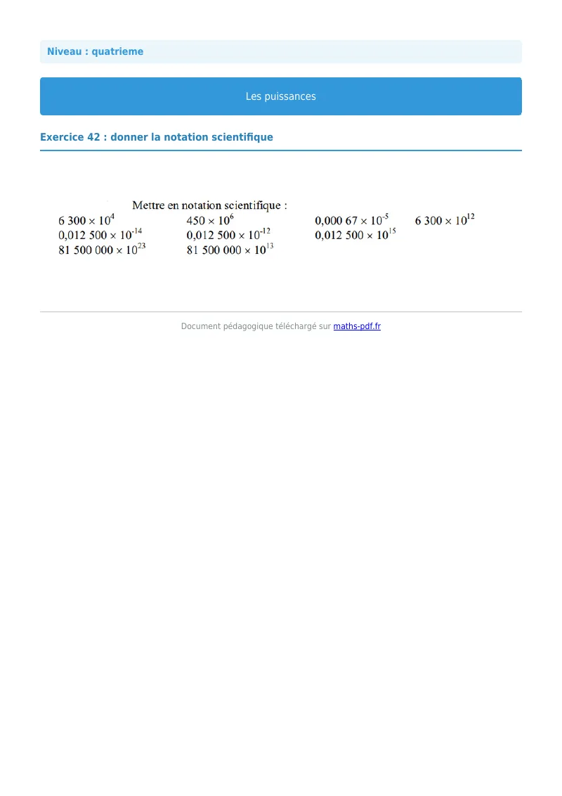 Puissances : exercice n°42 de maths en 4ème corrigé en PDF