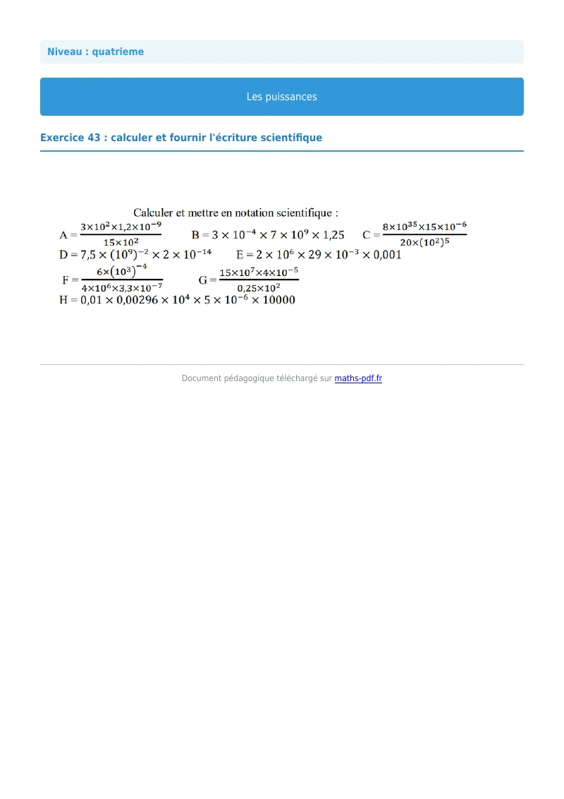 Puissances : exercice n°43 de maths en 4ème corrigé en PDF