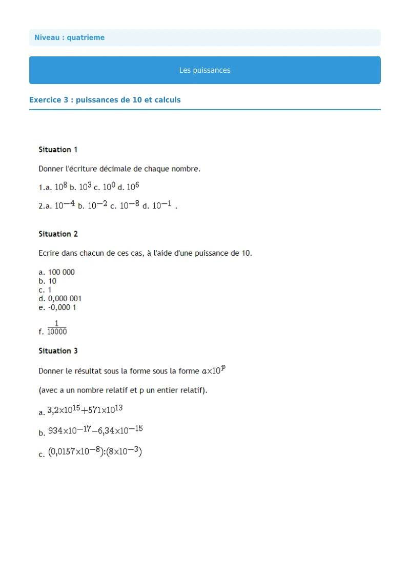 Puissances : exercice n°3 de maths en 4ème corrigé en PDF
