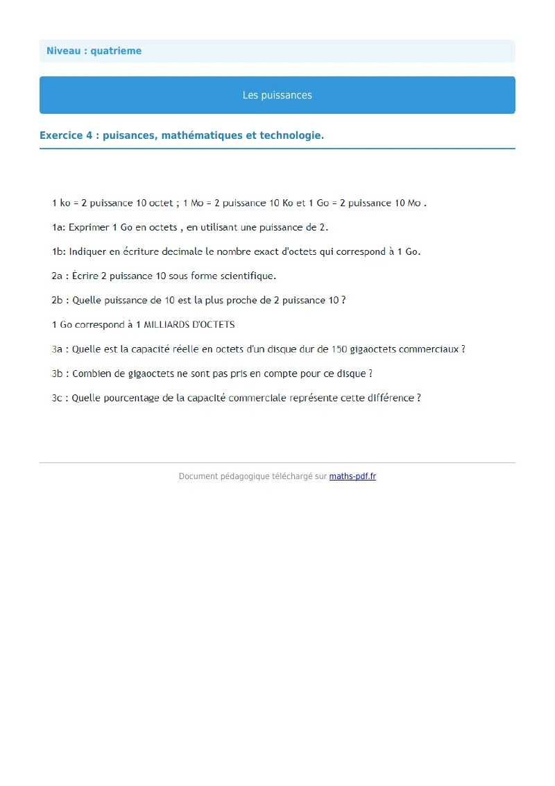 Puissances : exercice n°4 de maths en 4ème corrigé en PDF