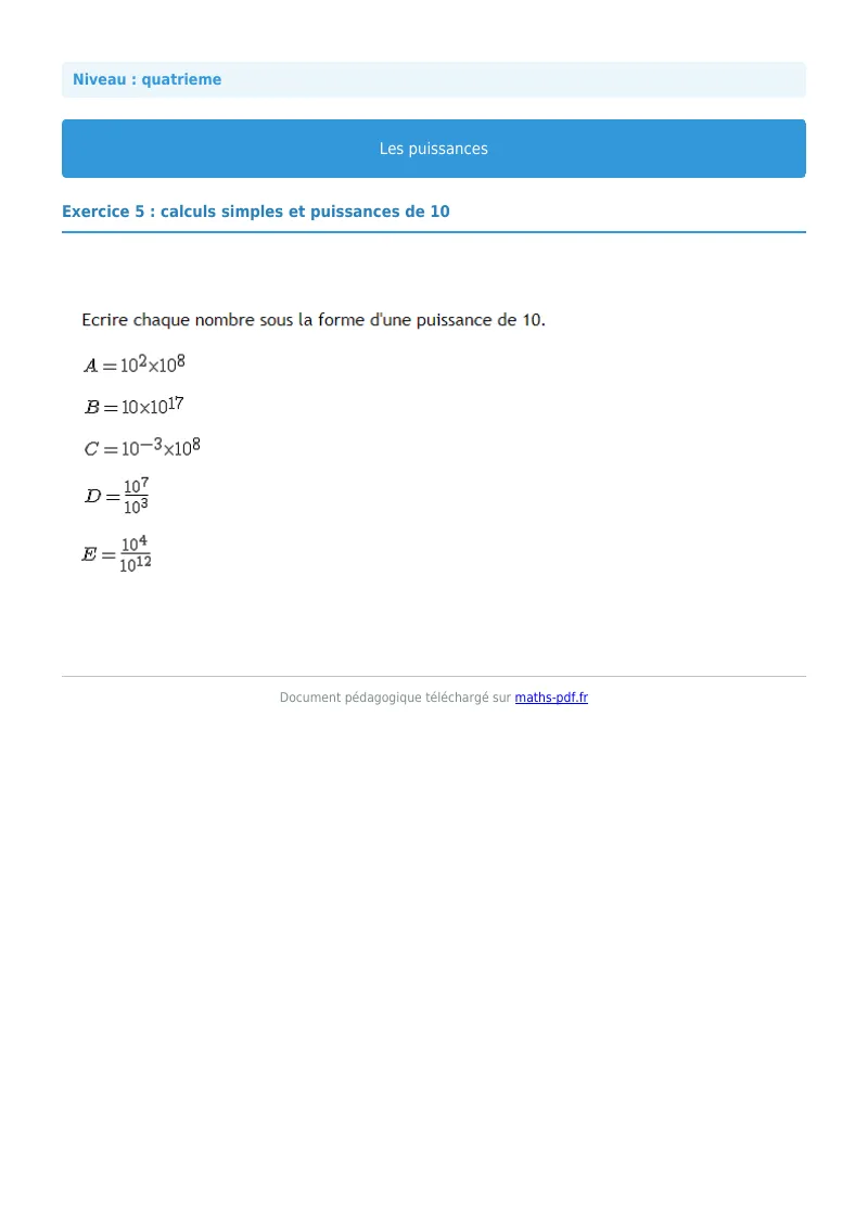 Puissances : exercice n°5 de maths en 4ème corrigé en PDF
