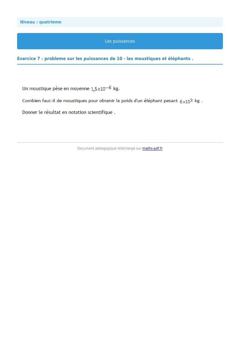 Puissances : exercice n°7 de maths en 4ème corrigé en PDF