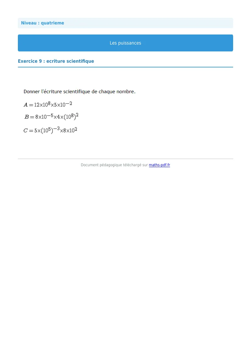Puissances : exercice n°9 de maths en 4ème corrigé en PDF