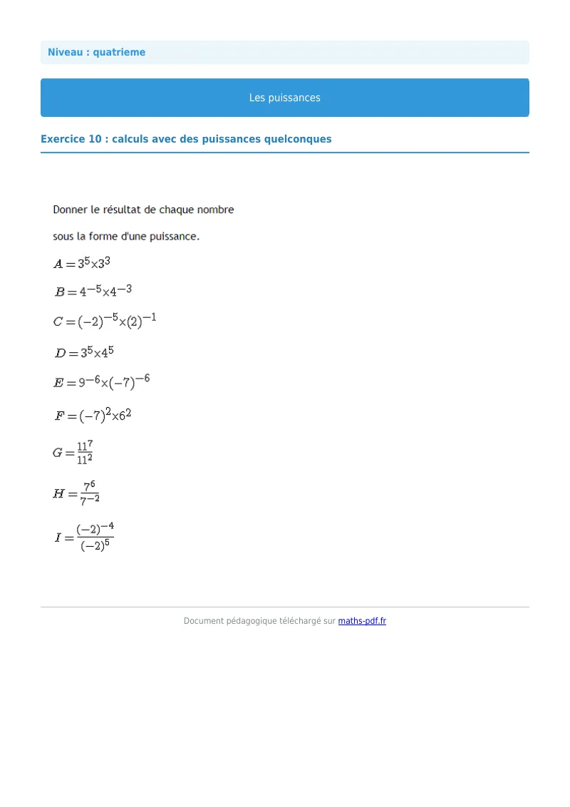 Puissances : exercice n°10 de maths en 4ème corrigé en PDF
