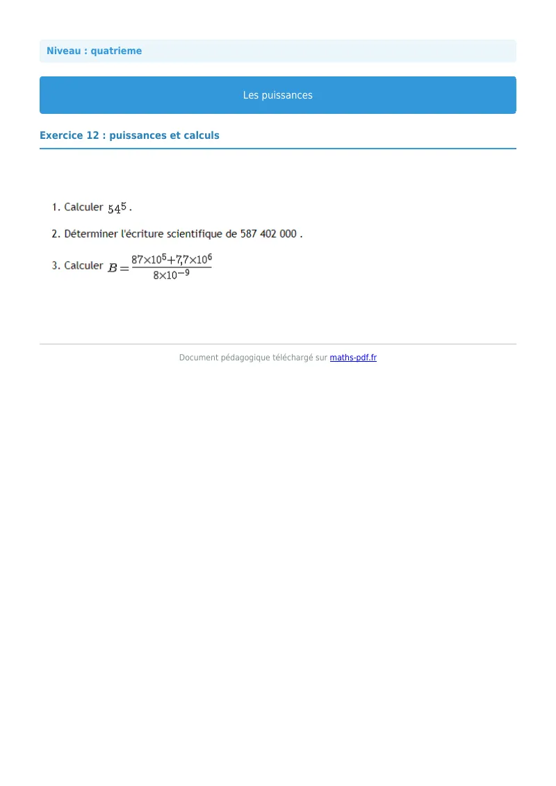 Puissances : exercice n°12 de maths en 4ème corrigé en PDF